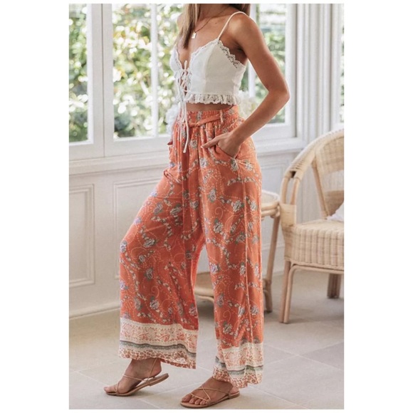 CLEARANCE Rust Bohemian Floral Printed Wide Leg Pants - Picture 2 of 6